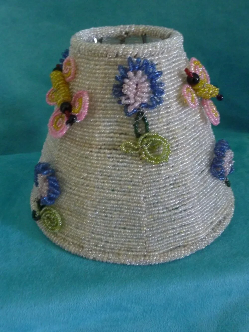 Vintage Seed Beaded 3D Floral Lamp Shade handmade wire metal Ornate